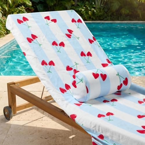 OHS Heart Cherries Inflatable Pillow, Bolster Cushion Lightweight Compact Sun Lounger Cushion with Microfibre Cover Back Support Outdoor Cushions Travel Poolside Beach Accessories, Blue/White — view 3