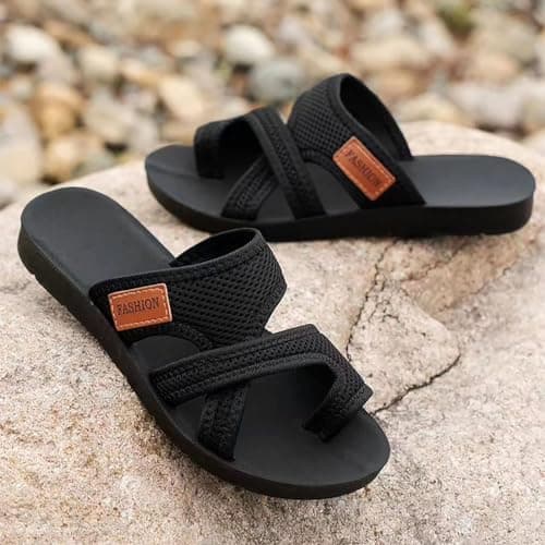 Women's Lightweight Canvas Flip Flops for Beach and Casual Summer Wear, Soft Fabric Straps with Cushioned Footbed, Non-Slip Outdoor Slippers (Black, 6.5) — view 3