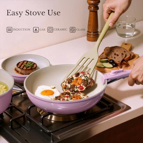 OUBRL Pots and Pans Set Non Stick, Ceramic Cookware Set Detachable/Removable Handles, RV Camping Kitchen Cooking Set, Dishwasher/Oven/Fridge Safe, Induction, Space Saving (Pink-, 5 Piece) — view 6