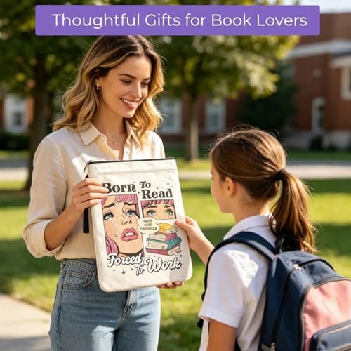 Funny Book Lover Gift Book Cover, "Born to Read Forced to Work" Book Sleeve Pouch, Polyester Book Bags for Women with Lanyard, — view 6