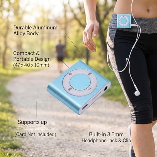 Ejoyous MP3 Player Aluminum Alloy Music Player with Built in Speaker 64GB Card Support 18H Playback HiFi Sound 3.5mm Earphones for Students Running Travel (Light Blue) — view 5