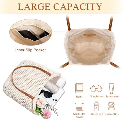 Toptime Crochet Beach Bags for Women, Summer Woven Beach Tote Bag with Zipper, Bohemian Large Crochet Handbags with Leather Handle, Lightweight Mesh Shoulder Bag for Travel Vacation Shopping (Beige) — view 4
