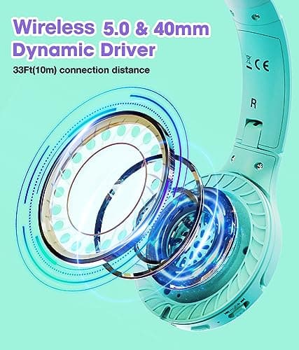 KONNAO Kids Headphones Wireless 60H, Foldable On Ear Headphone with MIC, Volume Limiter 85dB/94dB Wireless & Wired Headphones, Over-Ear Headphone for Kid Adult School Online Class Travel, Green — view 3