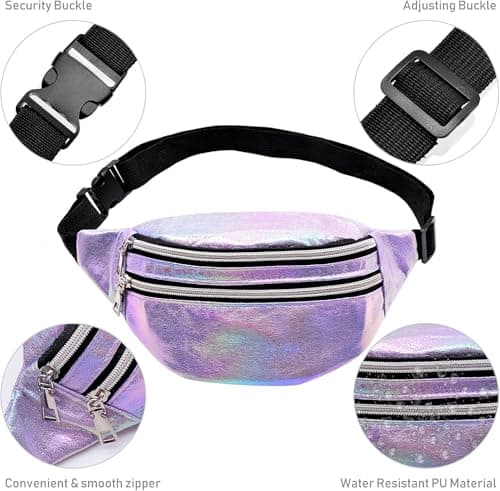 Waist Fanny Pack for Women Waterproof PU Bumbags for Ladies Fashion Shiny Bum Bag with Adjustable Belt for Dog Walking Hiking Travel Cycling (Purple) — view 5