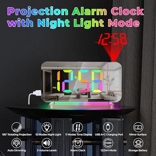 Projection Alarm Clock,7.4"LED Mirror Digital Clocks Large Display,with 180° Rotatable Projector,RGB Night Light,USB C Port,Auto Dimmer,Desk Clock for Heavy Sleeper Bedroom Teens Adults,Girls Decorate — view 5