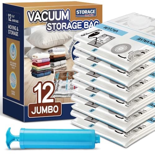 STORAGE MASTER Vacuum Storage Bags, Space Saver Bags 80% More Storage Space, With Hand Pump (12, Jumbo)