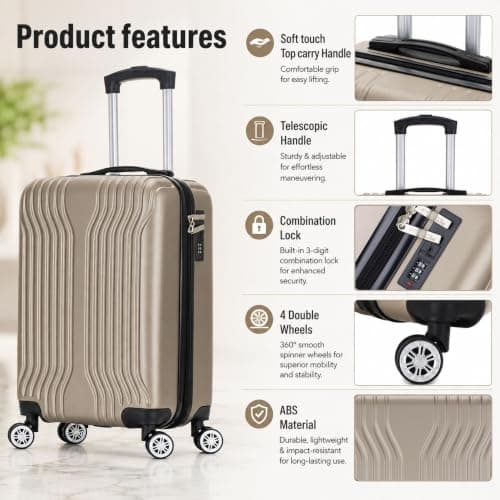 DK Luggage Carry-on 20” Cabin Virgin Atlantic, EasyJet, BA, Jet 2 Hard Shell Hand Luggage Suitcase 4 Wheel Spinner Luggage ABS25 (Gold, 20" Carry-on) — view 4
