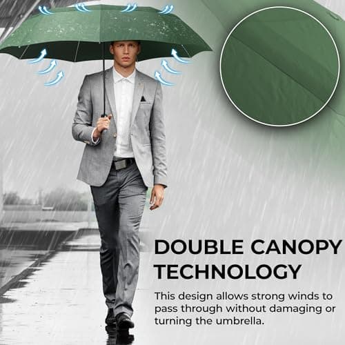 Umbrella Windproof Compact - Strong Storm Proof Frame + Auto Open Close | Women Mens Lightweight Small Travel Folding Golf Brolly + Double Canopy, Ergonomic Handle | Water Resistant Teflon Green — view 2