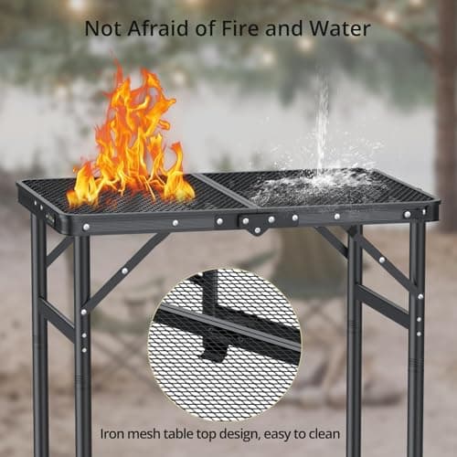 Anbte 2ft Folding Grill Table Max 74cm, 3 Adjustable Heights Lightweight Camping Table with Heat-Resistant Mesh Tabletop Portable Handle, Waterproof, for Cooking BBQ Outdoor Indoor, 60 X 40 cm, Black — view 5