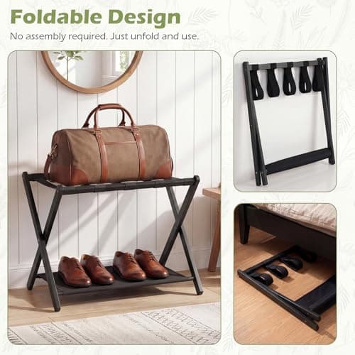 COSTWAY Bamboo Luggage Racks Set of 2, Folding Suitcase Stand with Straps and Oxford Cloth Storage Shelves, Portable Backpack Luggage Holder for Guest Room, Bedroom, Hotel, 68x46x53cm (Black) — view 4