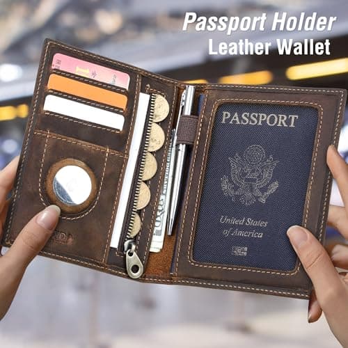CataPurus Top Grain Leather Single Travel Passport Wallet Embossing Badge for Unisex, Folio Design for Passport & Multi Cards, RFID Blocking for Passport/Cards/Checks/Bills/AirTag, Coffee Default, GB — view 3