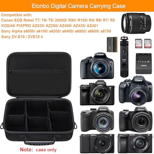 Elonbo Carrying Case for Canon EOS 2000D/4000D/R50/R6 Mark II/R100/R8/R10/ Sony Alpha 7 III /7 IV/a6400/ZV-E10/Panasonic Lumix FZ82D Camera, Hard Travel Bag for Lens and Tripod, Black+Shoulder Strap — view 2
