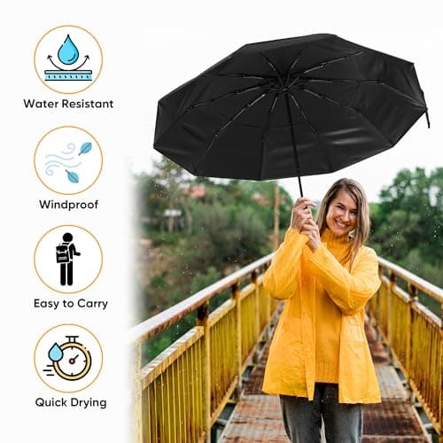 ASAB Travel Umbrella with 9 Rib Design Lightweight Compact Automatic Umbrella Auto Open and Close One Hand Operation Rust Resistant Windproof Pocket Umbrella with Convenient Cover for Men Women Black — view 4