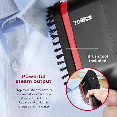 Tower Garment Steamer 1400W, Handheld Clothes Steamer for Fast Crease Removal, Compact Design, 14g/min Continuous Steam, Ceramic Soleplate, 80ml Tank, Red (T22038RED) — view 5