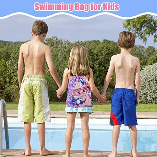 EQLEF Drawstring Bag Kids Swimming Bag, Waterproof Swim Bag Girls Swimming Bag Dry-Wet Separation Beach Backpack with Zippered Pocket Shoe Compartment Sports Gym PE Beach Bag for Girls — view 2