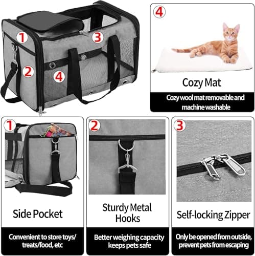 Soft Sided Foldable Cat/Dog/Pet Carrier Bag, Portable Puppy/Pets Travel Carriers For Cats/Dogs With Shoulder Strap & Removable Mat, Durable Cat Basket of 17 lbs Airline Approved - Grey, M — view 4