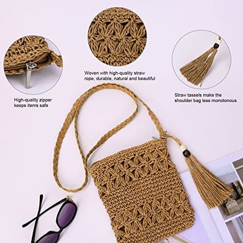 Straw Bag for Women, Summer Beach Straw Purse with Tassel, Weave Handmade Single Crossbody Bag with Zipper, Bohemian Shoulder Purse for Summer Beach Travel — view 4