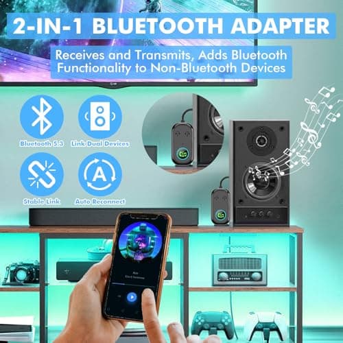 Bluetooth 5.3 Transmitter and Receiver, 2-in-1 Airplane Bluetooth Adapter Compatible with 2 AirPods & Wireless Headphones, Bluetooth Transmitter 3.5 mm Jack Audio for TV/Airplane/Headphone/Car — view 2