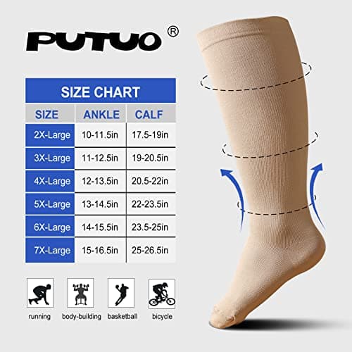Plus Size Compression Sock For Women: Men Graduated Wide Calf Compression Stockings for Support Flight Travel Running Pregnancy Sports Edema Nurses Seniors Athletic Socks 20-30 mmHg Beige 5XL 1Pairs — view 2