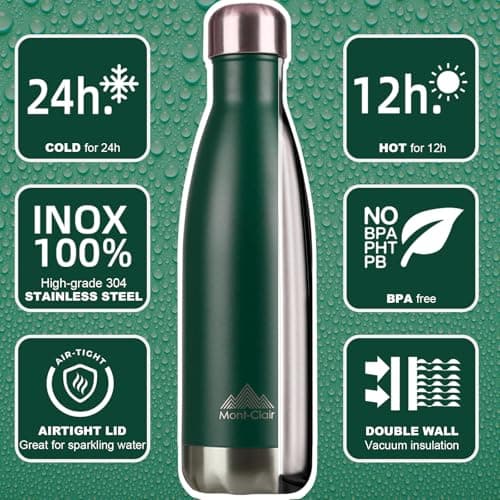 Mont-Clair H2O Stainless Steel Water Bottle, Vacuum Insulated - BPA Free, 12h Hot & 24h Cold Drinks, Metal Water Bottle 500ML Leakproof, Ideal for Adult, Kids, Running - Dark Green — view 2