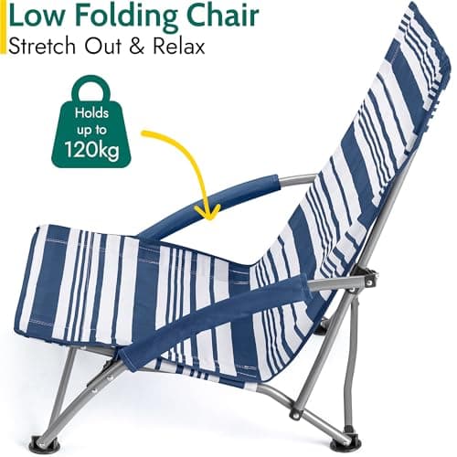 Trail Sisken Low Folding Beach Chair, Navy Blue Stripes — view 4
