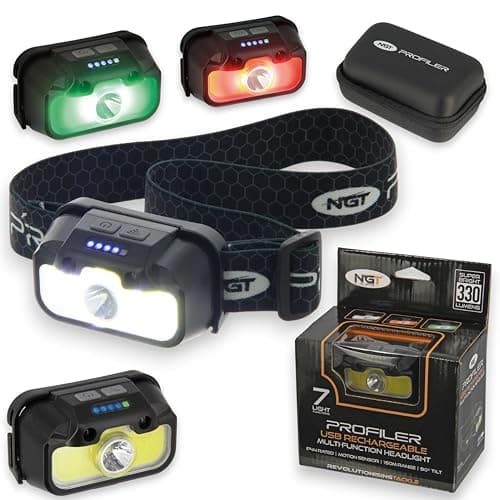 NGT Head Torch Headlamp Fishing Red Green White 330 LMS Rechargeable Sensor Beam