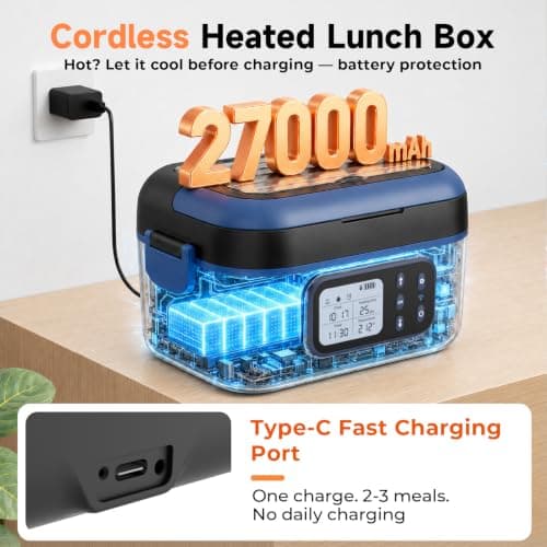 FYY Cordless Electric Lunch Box for Adults with APP Control, 27000mAh Battery Powered, 1.5L Portable Timer & Leak-Proof Warmer, Smart for Men Work Travel Truck (Black) — view 5