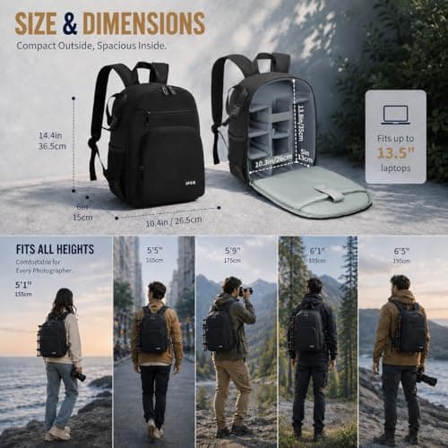 IPEB DSLR Camera Backpack with Tripod Holder & Laptop Compartment, Water Resistant Travel Backpack for Photographers — view 2