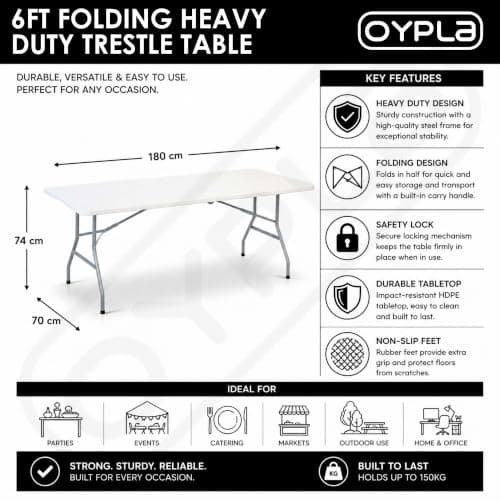 Oypla Heavy Duty Folding Catering Garden Trestle Table - 6ft, White — view 2