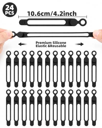 24PCS Reusable Silicone Cable Ties, Adjustable Cable Straps with Secure Buckle, Cord Organisers for Phone Chargers, Earphones, USB and Computer Cables, Home, Office and Travel Black — view 2