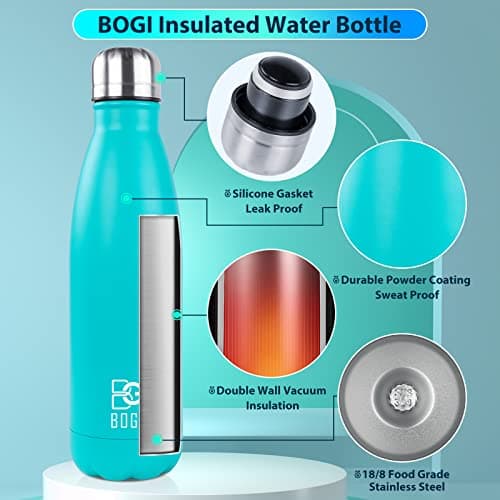 BOGI 2 Pack Insulated Water Bottle,750ml Stainless Steel Water Bottle-Leakproof Metal Water Bottle Keep Drink Hot & Cold Water Bottle Sports Water Bottle for Girls Kids with Cleaning Brush(Mint+Dblue) — view 3