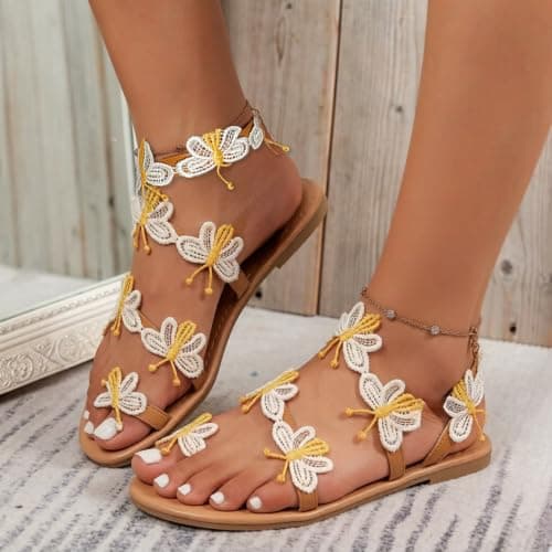 Summer Beach Flat Sandals for Women 2026 Butterfly Open Toe Ankle Wrap Strap Slip On Colorful Embroidery Bohemian Sandals Lightweight Non Slip Breathable Poolside Music Festival Casual Walking Shoes — view 2