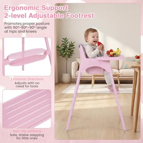 COSTWAY High Chair for Babies and Toddlers, 4 in 1 Convertible Baby Highchair with 2 Heights, Removable Double Tray, 5-Point Harness & Reversible Footrest, Infant Feeding Chair for 6-36 Months (Pink) — view 3