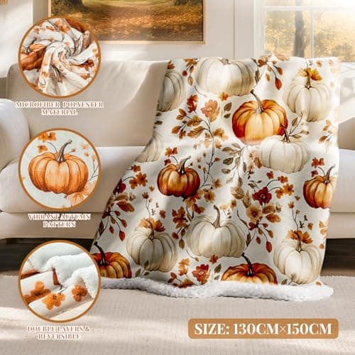 Lanpn Fall Pumpkin Flannel Throw Blanket, 460GSM Soft Warm Sherpa Fleece Throws, Orange Pumpkins Leaves Blanket for Couch Bed, Cozy Autumn Throw Blankets Farmhouse Thanksgiving Home Decor, 130x150 — view 2