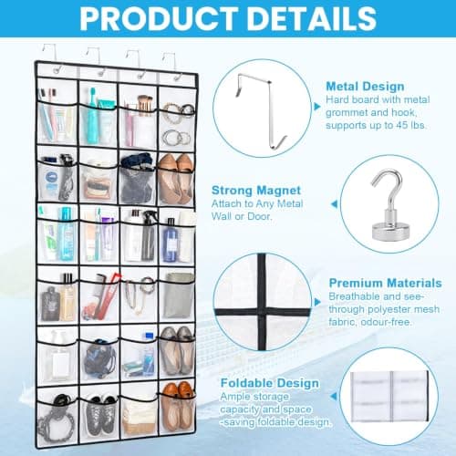 FUHSY Cruise Essentials 2026 Over The Door Organizer For Cruise Ship 24 Pocket Magnetic Door Organizers with 4 Metal Hooks and 4 Strong Magnets Door Organizer Hanging for Bedroom, Bathroom, Closet — view 3