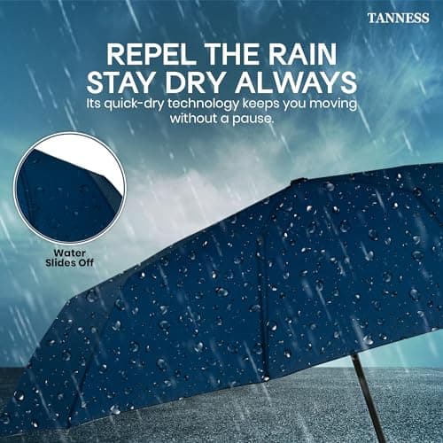 TANNESS Windproof Umbrella – 10-Rib Waterproof & Compact with Automatic Open/Close Function and Ergonomic Handle – Folding Mini - Strong for Wind and Rain (Blue) — view 5