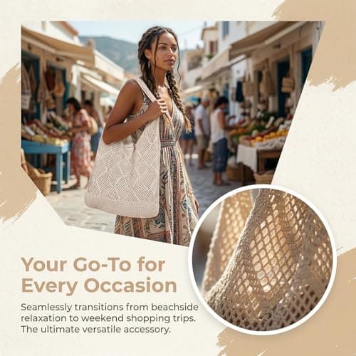 Solvio Crochet Boho Tote Bag, Shoulder Beach Tote, Women Knitted Handbags, Retro Hollow Woven Shoulder Bags, Woven Mesh Shopping Bag for Women's Summer Vacation — view 5