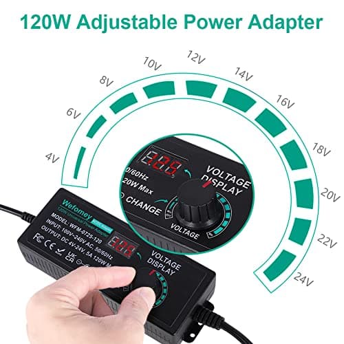 Universal Power Supply 3V~24V 5A 120W Adjustable Variable 3V 5V 9V 12V 18V 20V 24V AC/DC Adapter Charger, 100V-240V AC to DC Converter with 14 Tips, Polarity Converter and 4-Way Power Splitter Cable — view 2