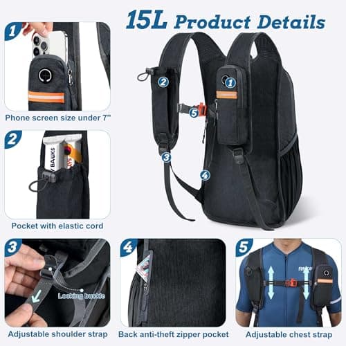BECOJADDE 15L Hiking Backpack for Men Women Foldable Small Rucksack Lightweight Mini Backpack for Camping Travel Outdoor, Black — view 2