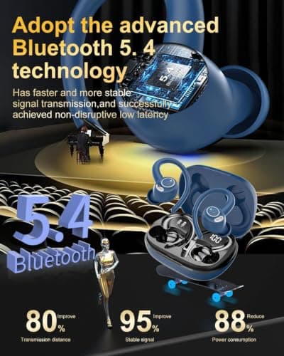 Sports Wireless Earbuds with EarHooks HiFi Stereo Sound with ENC Mic, Blue — view 3