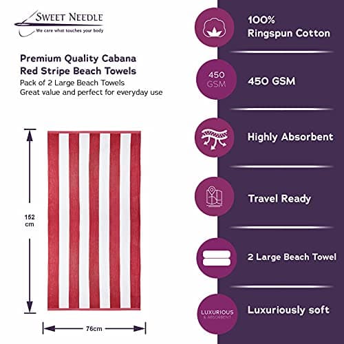 SweetNeedle - Beach Towels for Adults Pack of 4 White Cabana Striped Classic - 100% Cotton Terry Ringspun Pool Towel, Quick Dry, Super Absorbent Swimming large towel, 76 x 152 cm — view 2