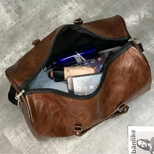 M.J COMFY-LIFE Vintage Leather Duffle Bag for Travel Gym & Weekend - Large Capacity Waterproof Holdall, Adjustable Shoulder Strap - Unisex Carry On Bag for Men Women (48×28×27cm) (Brown) — view 2