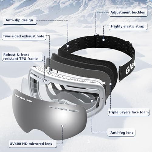 GlaRid OTG Ski Goggles for Men Women Youth, Anti-Fog UV Protection, Silver — view 5