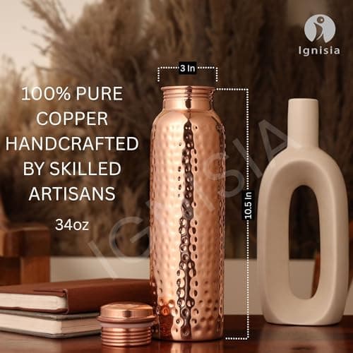 Copper Water Bottle 34oz - 100% pure Ayurvedic copper bottle for drinking | eco-friendly | copper vessel | BPA free non toxic lab tested | Leak-Proof | Handcrafted for Health & Wellness (Hammered) — view 4