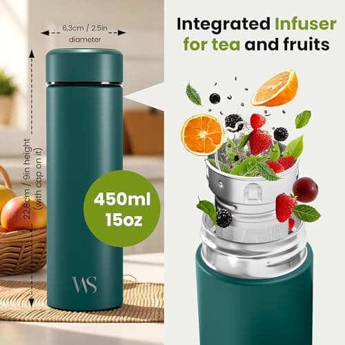Tea & Fruit Infuser Water Bottle + Strainer + BPA-Free Fruit Insert | Vacuum Insulated 450ml Stainless Steel Flask | Portable Tea & Coffee Tumbler: Office, Outdoor, School, Sports, Bike - Teal — view 2