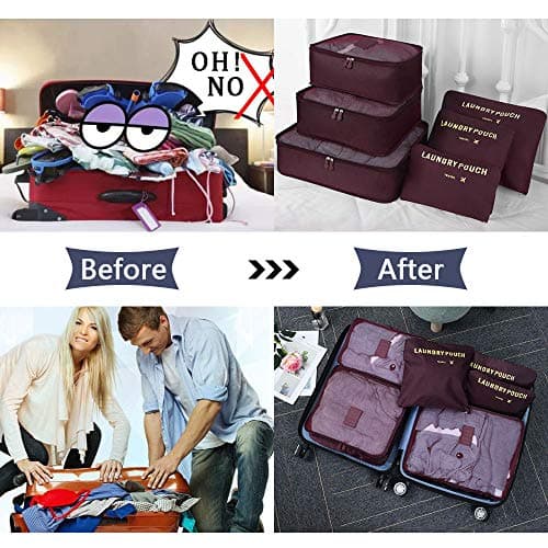 Vicloon Travel Suitcase Organizer Set 6 Pieces, Cube Storage Bags, Waterproof Separators Travel Organizers, Packing Cubes, Organizers Suitcase, for Cosmetics, Shoes, Underwear, red wine, Grande — view 5