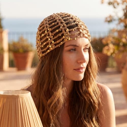 Ymapinc Crochet Hat, Sequin Crochet Skull Cap Hollow Mesh Boho Beanie Khaki — view 4