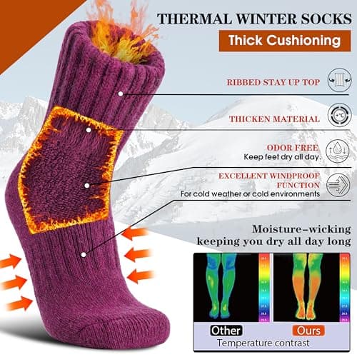 Sandsuced Merino Wool Thermal Boot Socks for Men Women Winter Warm Thick Cosy Walking Hiking Work Stocking Fillers Socks 3 Pairs(Rose Red/Light Purple/Dark Purple,M) — view 3