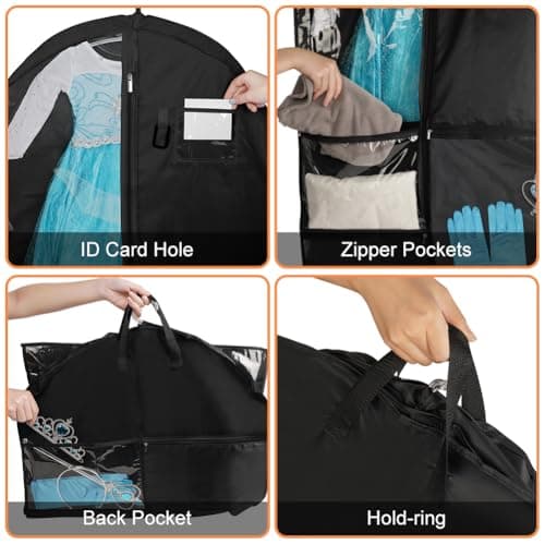 OSDUE Clothes Covers, 40 inch WaterproofHanging Garment Bags with 5 Zipper Pocket and ID Slot Pockets Foldable Kids Dance Costume Garment Bag Travel Storage Bag for Dancers Travel Competitions (Black) — view 4