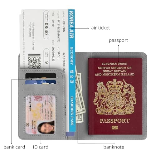 Cinocratic Passport Holder for Travel Accessories,RFID Blocking PU Leather Passport Cover Wallet Card Case for Men and Women (Grey) — view 2